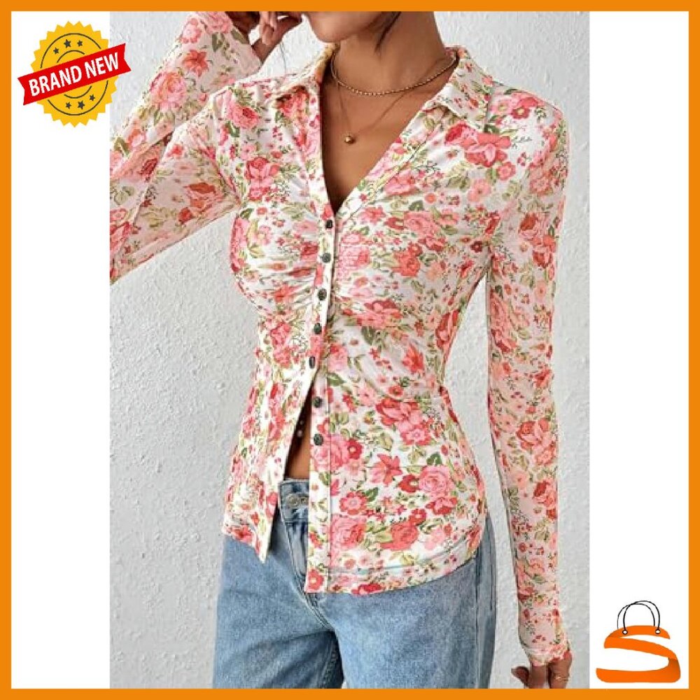 Long Sleeve Mesh Button Down Blouse V-Neck Boho Floral Top - Picture 4 of 8